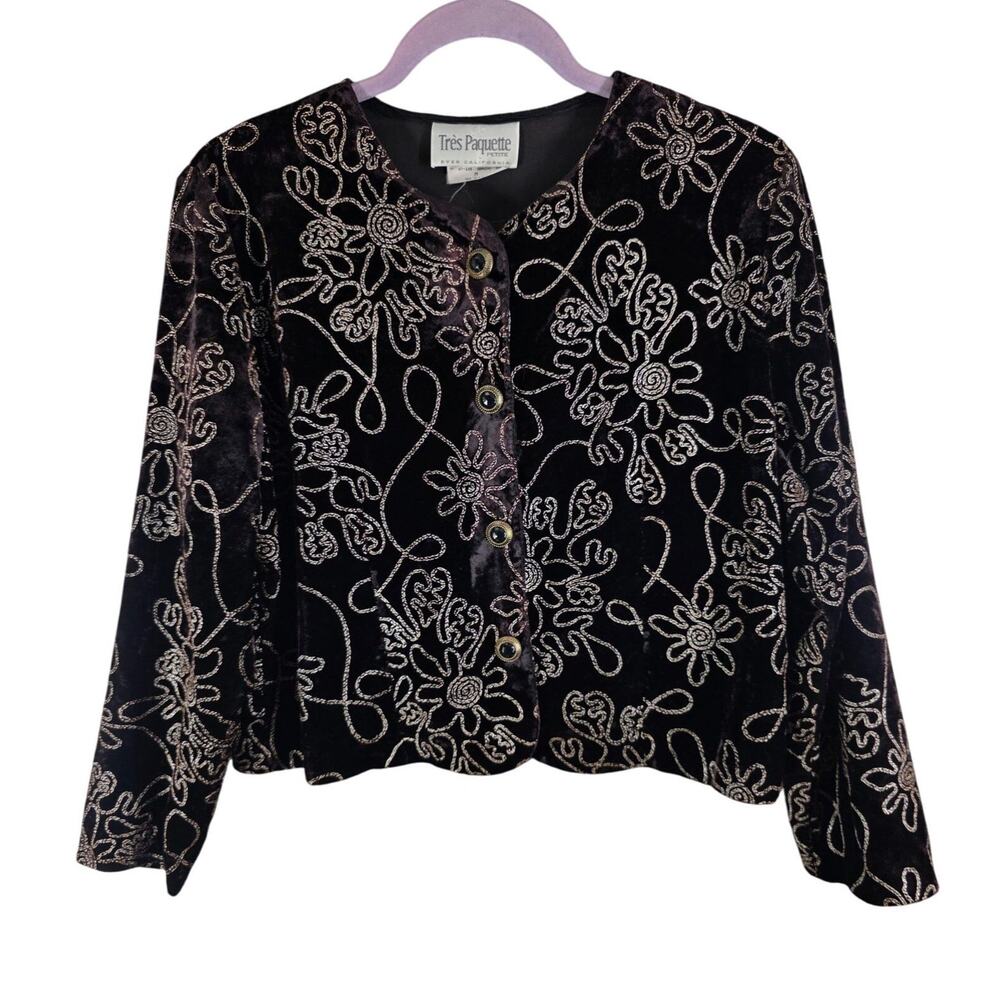Byer California Très Paquette Black Velvet Dress Jacket Floral Embroidery Ornate